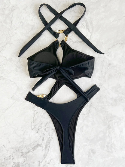 Maillot de bain une pièce sexy à col licou et découpe sur le ventre pour femme