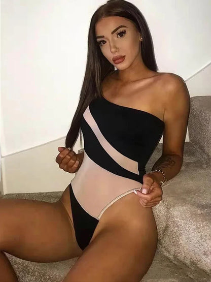 Maillot de bain une pièce sexy à une épaule pour femme, coupe haute, en maille transparente