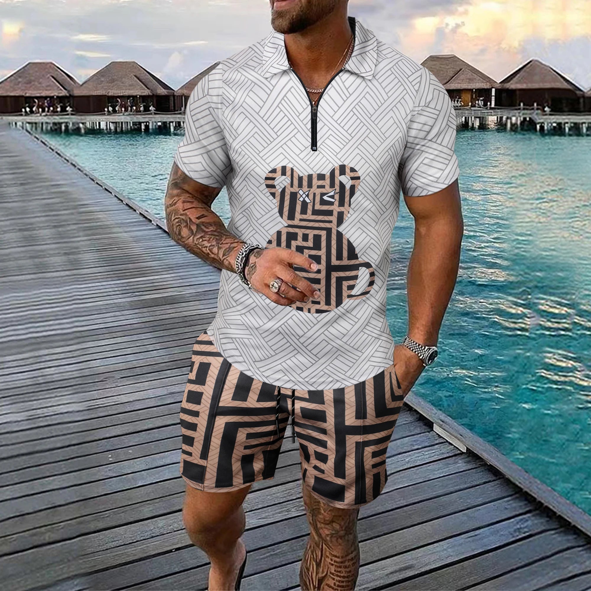 Ensemble deux pièces avec short et polo décontracté à manches courtes pour hommes