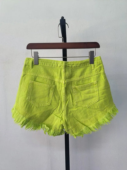 Short en jean décontracté à coupe trapèze vert tendance pour femme,