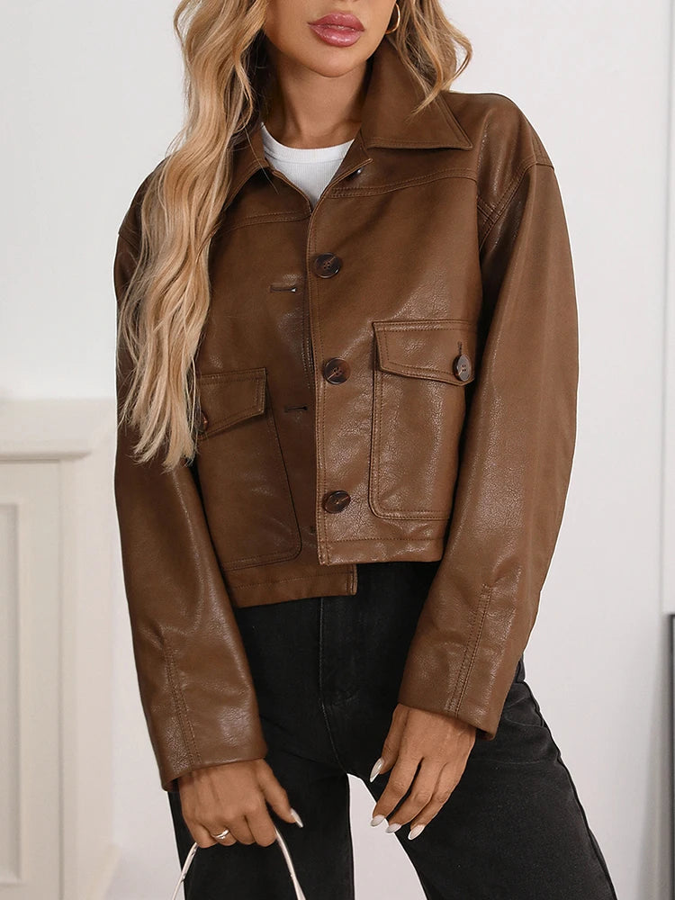 Veste vintage ample court faux cuir pour femmes