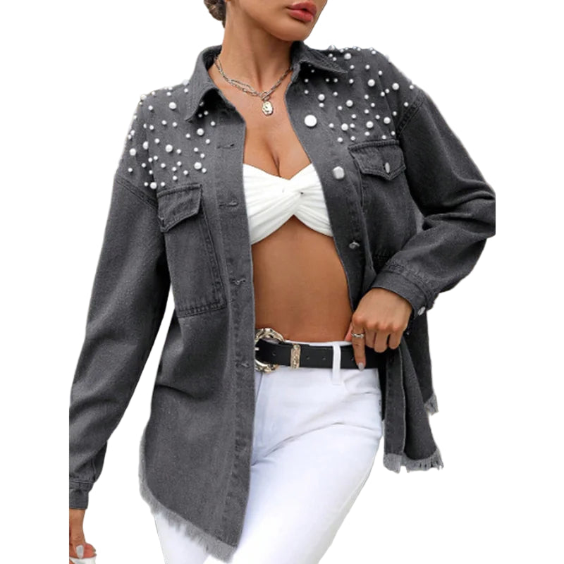 Veste en jean à ourlet frangé et perles pour femmes