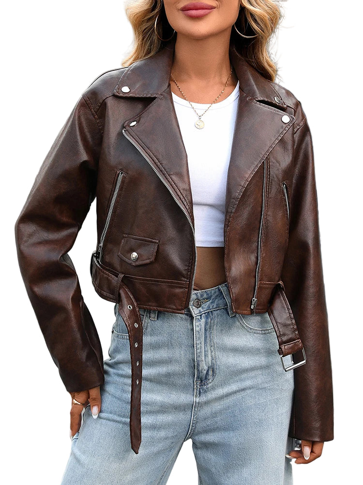 Veste rétro ample court PU Faux cuir pour femmes