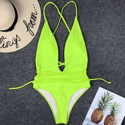 maillot de bain une pièce femmes néon vert profond col en V  dos nu