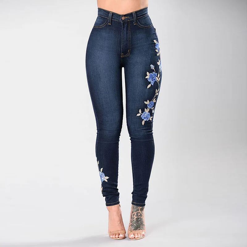 Jean brodé taille haute pour femmes mode Slim