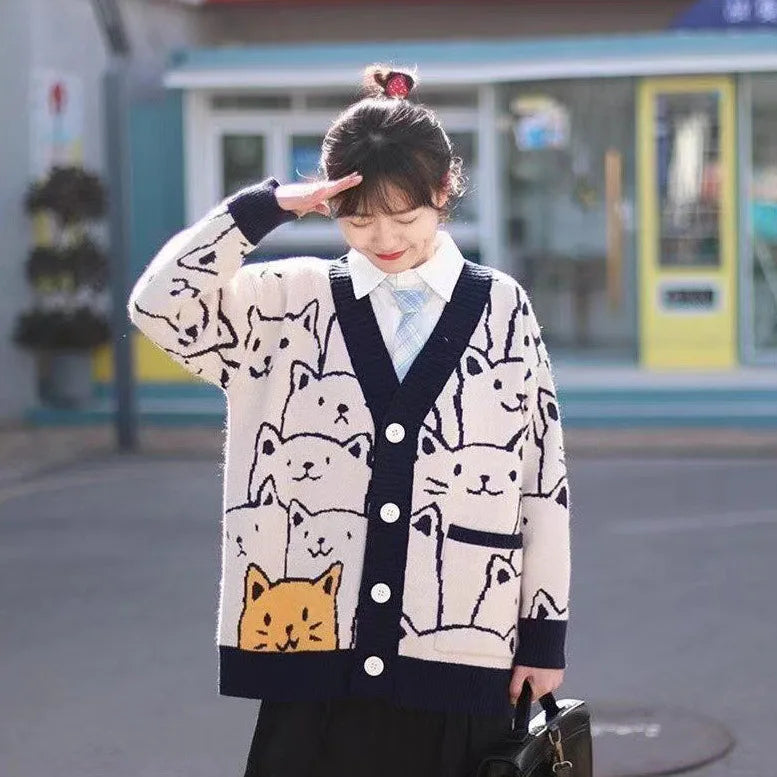 Manteau pull épais en tricot ample à motifs de chat pour femmes