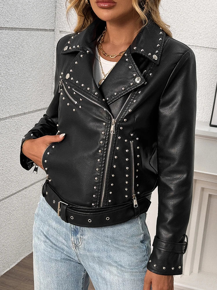 Veste à rivet fermeture éclair ceinture faux cuir pour femme