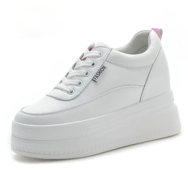 Baskets à semelle compensée, chaussures d'été blanches en cuir véritable de vache, 9cm