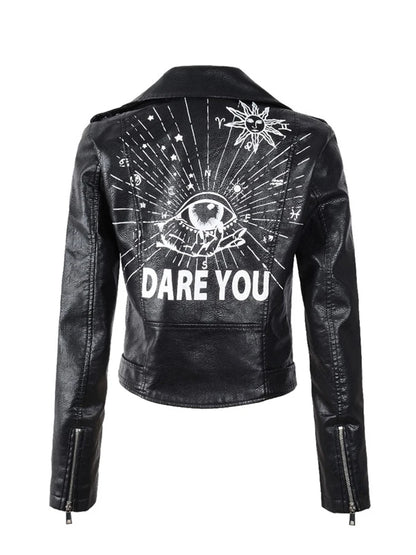 Veste pour femmes coupe ajustée imprimé graffiti court Pu Faux veste en cuir fermeture éclair ceinture