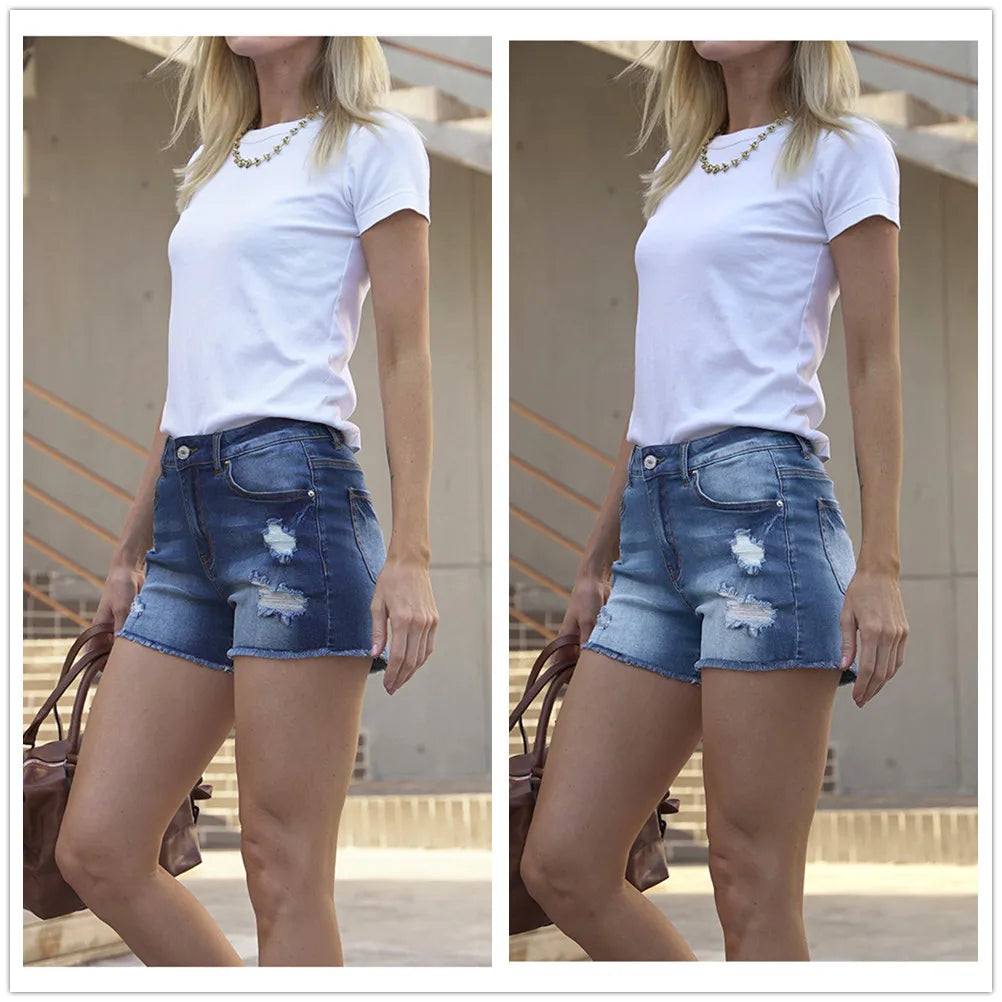 Short en jean déchiré à taille moyenne pour femme,