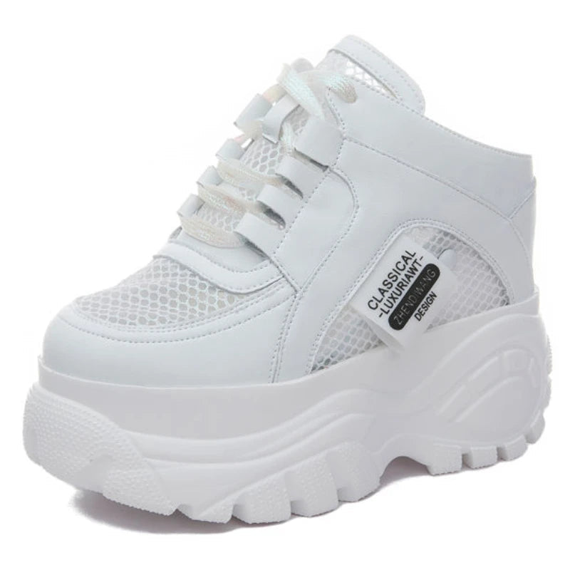 Baskets à compensée en cuir véritable pour femme