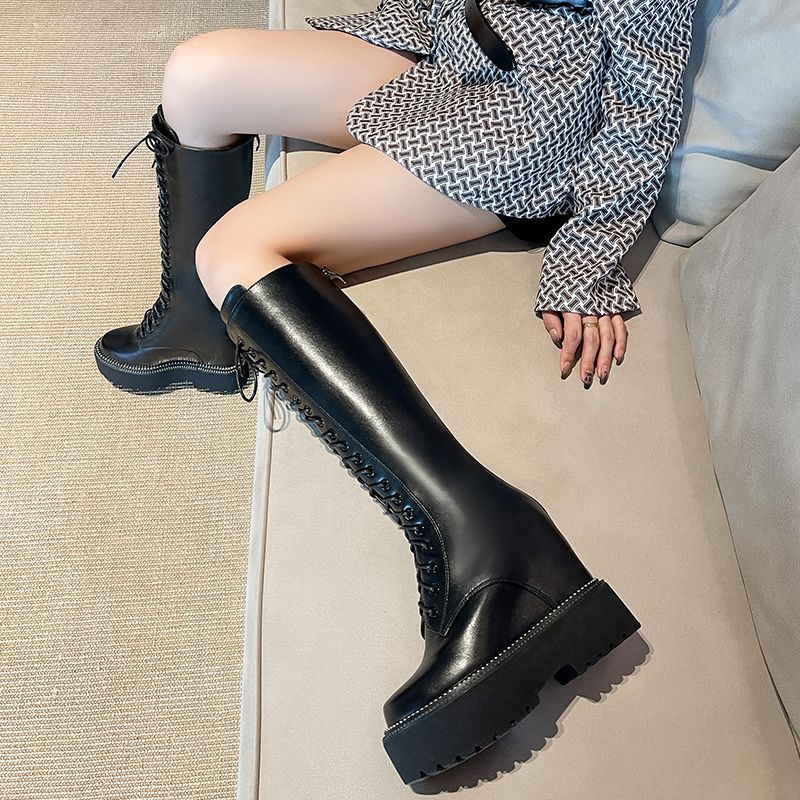 Bottes hautes en cuir et microcarence pour femme, 12cm, semelle compensée, peluche, fermeture éclair