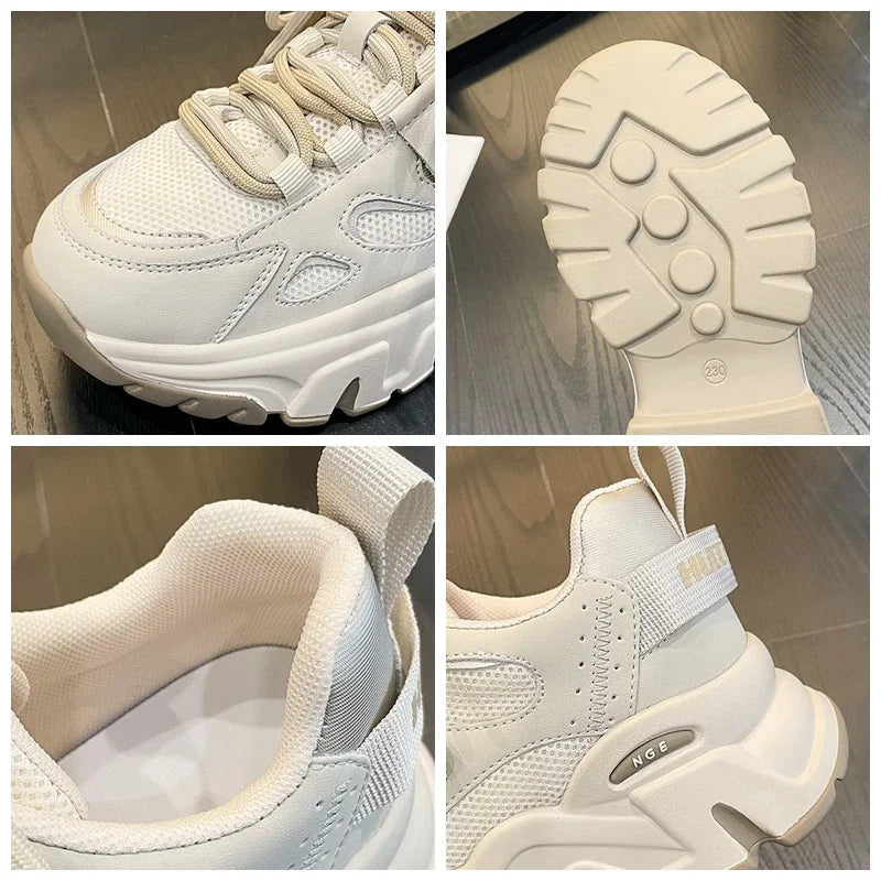 Baskets à semelles compensées en cuir véritable pour femmes