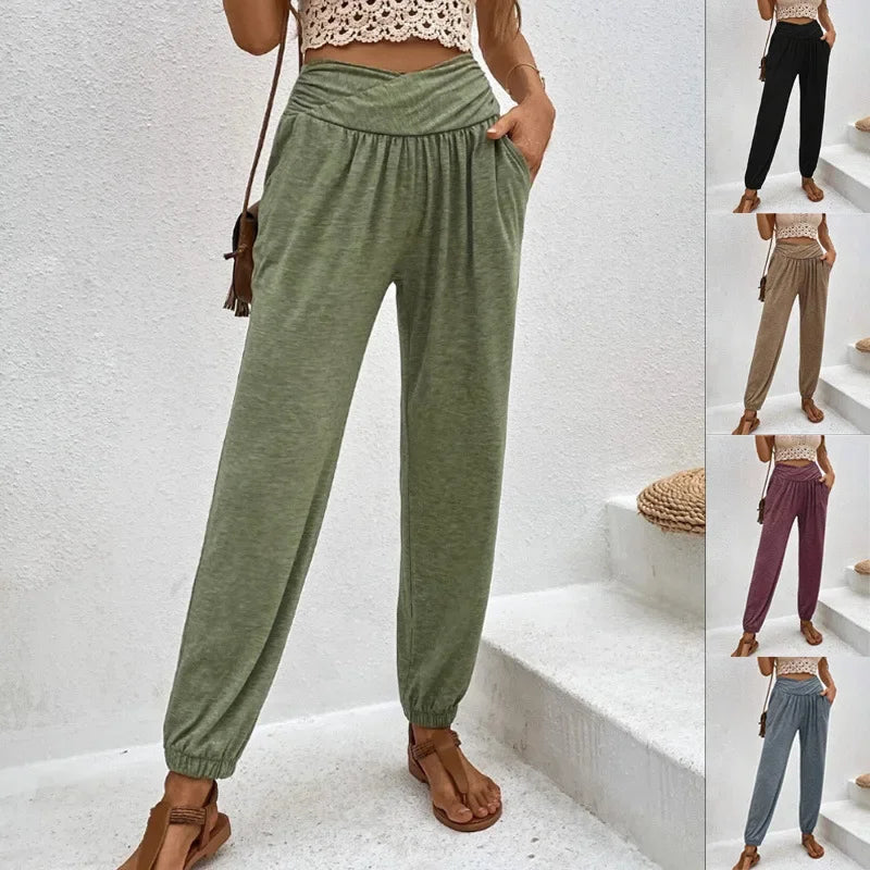 Pantalon taille haute pour femme, décontracté, poche, long, doux