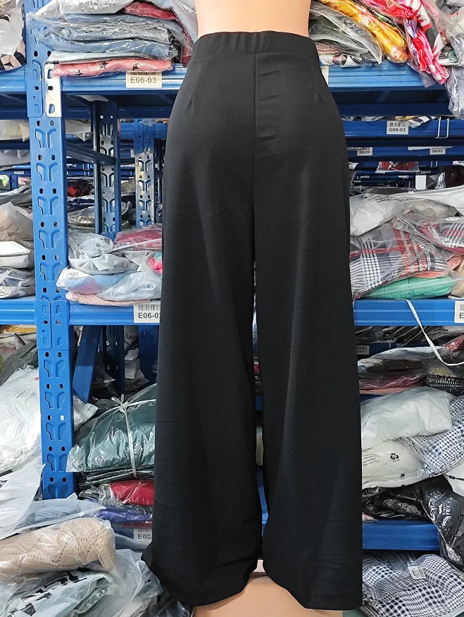 Pantalon large taille haute pour femme, pantalon décoratif avec boutons