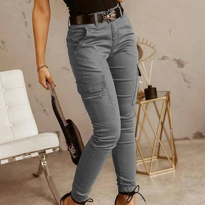 Pantalon cargo monochrome mince avec poches pour femmes