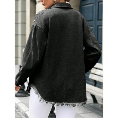 Veste en jean à ourlet frangé et perles pour femmes