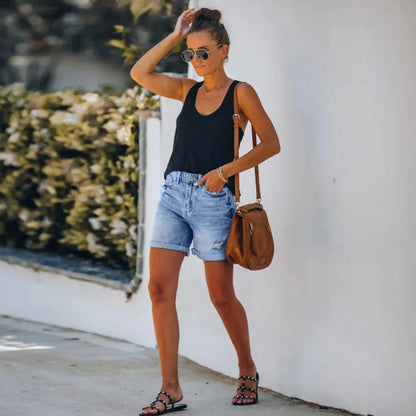 Short en jean pour femme, rétro avec trous à bords pliants