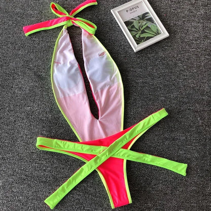 Maillot de bain une pièce, décolleté plongeant en V, dos nu, monokini, coupe haute, rond, pour femmes