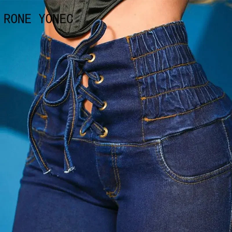 Jean skinny à lacets et taille haute élastique pour femme, longueur cheville, avec poches