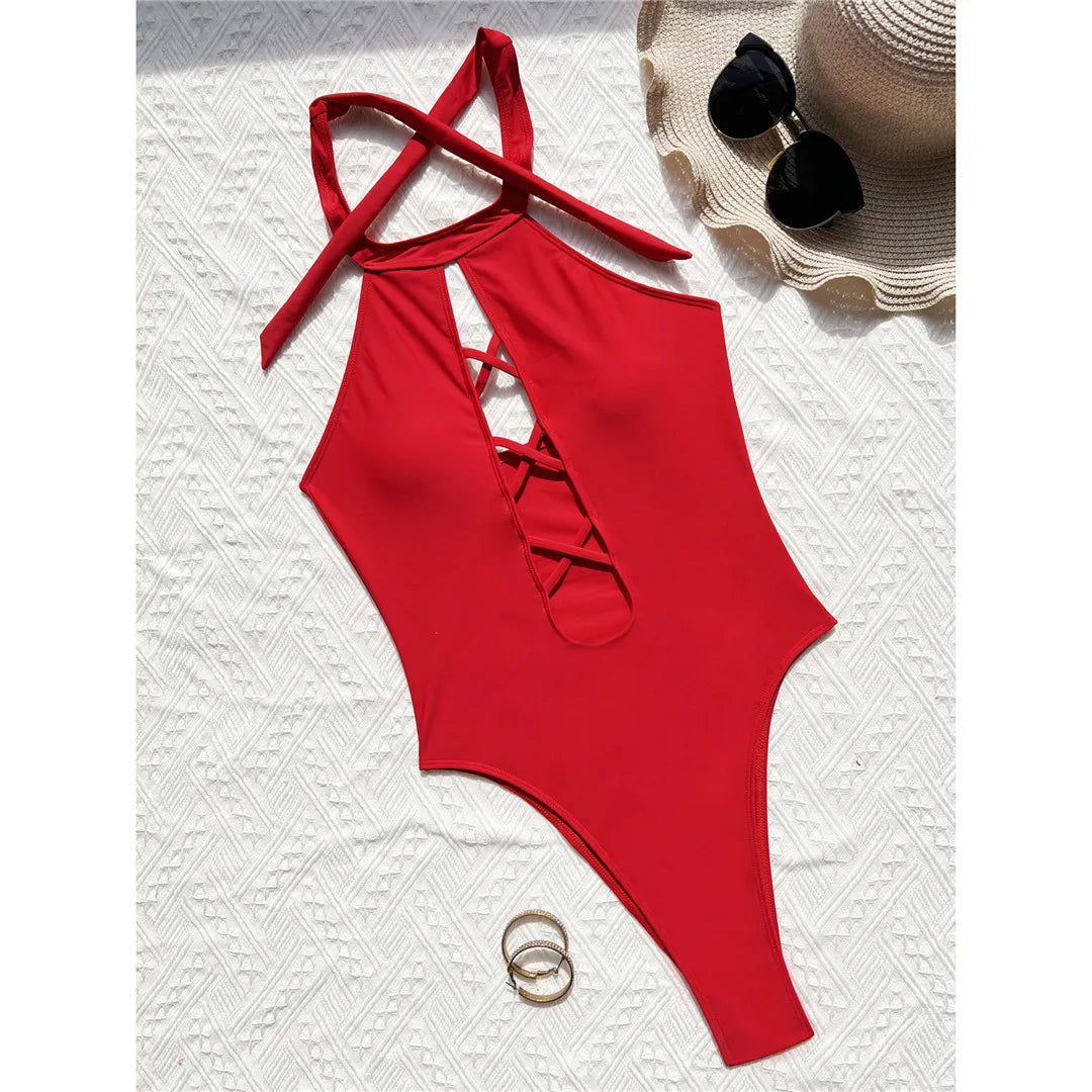 Maillot de bain une pièce à lacets, col haut, dos nu pour femmes