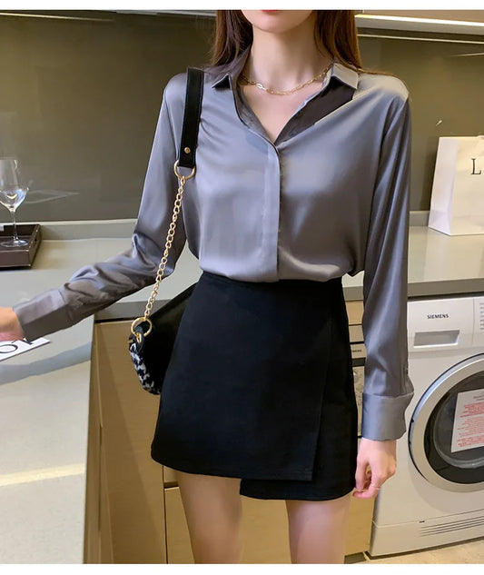 Chemise en satin à manches longues pour femmes, slim