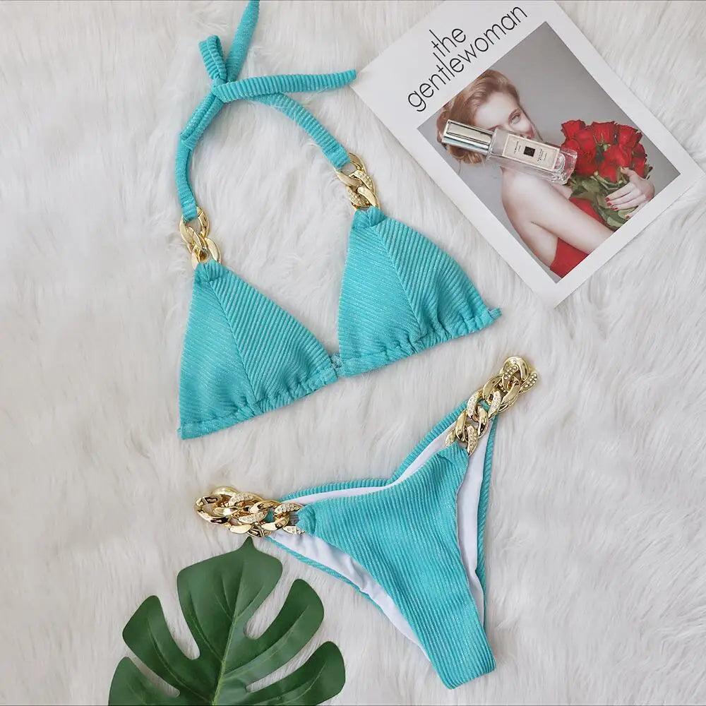 Maillot de bain sexy à licou avec diamants et bijoux pour femmes, ensemble de bikini côtelé avec chaînes en métal