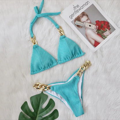 Maillot de bain sexy à licou avec diamants et bijoux pour femmes, ensemble de bikini côtelé avec chaînes en métal