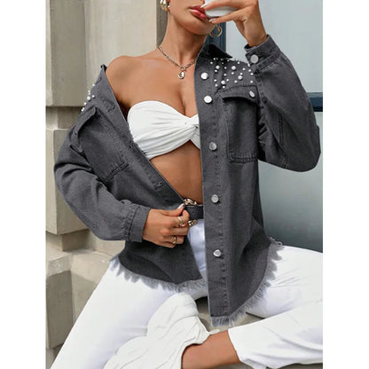 Veste en jean à ourlet frangé et perles pour femmes