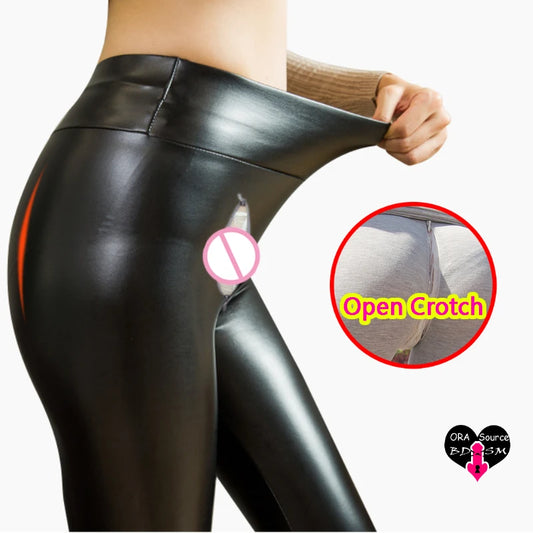 Leggings ouverts en PU pour femme, pantalon à double fermeture éclair