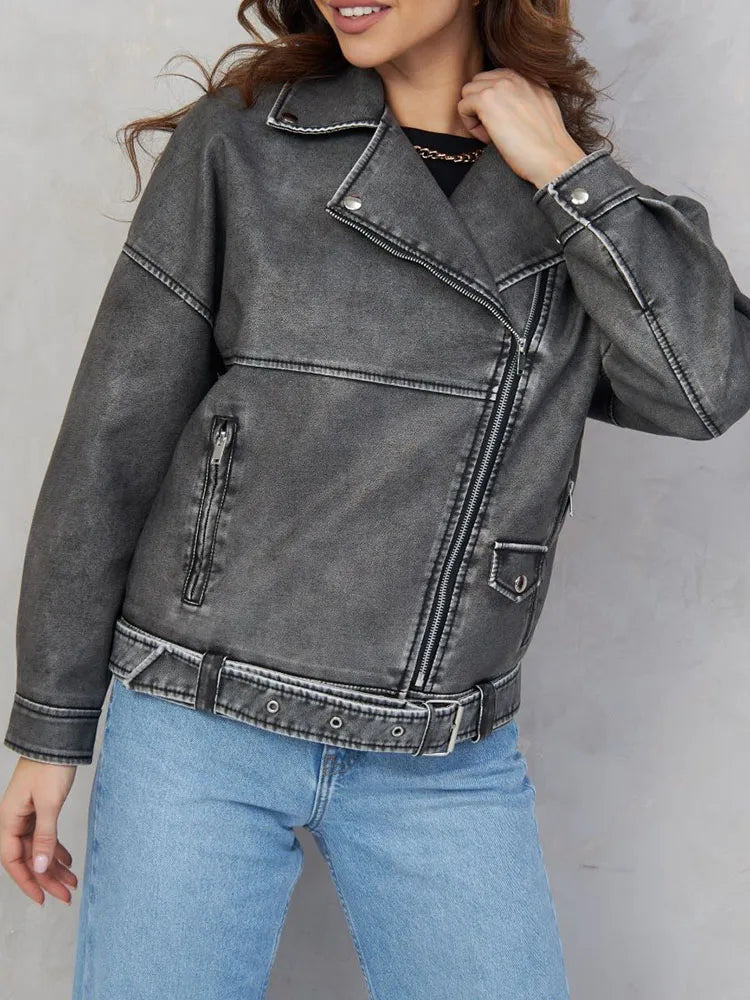 veste en Faux cuir Pu pour femme, Streetwear, Vintage, ample, manteau avec ceinture à fermeture éclair