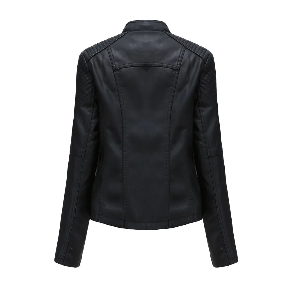 Veste de motard en cuir PU pour femme, manteau court, coupe couvertes, col montant, fermeture éclair