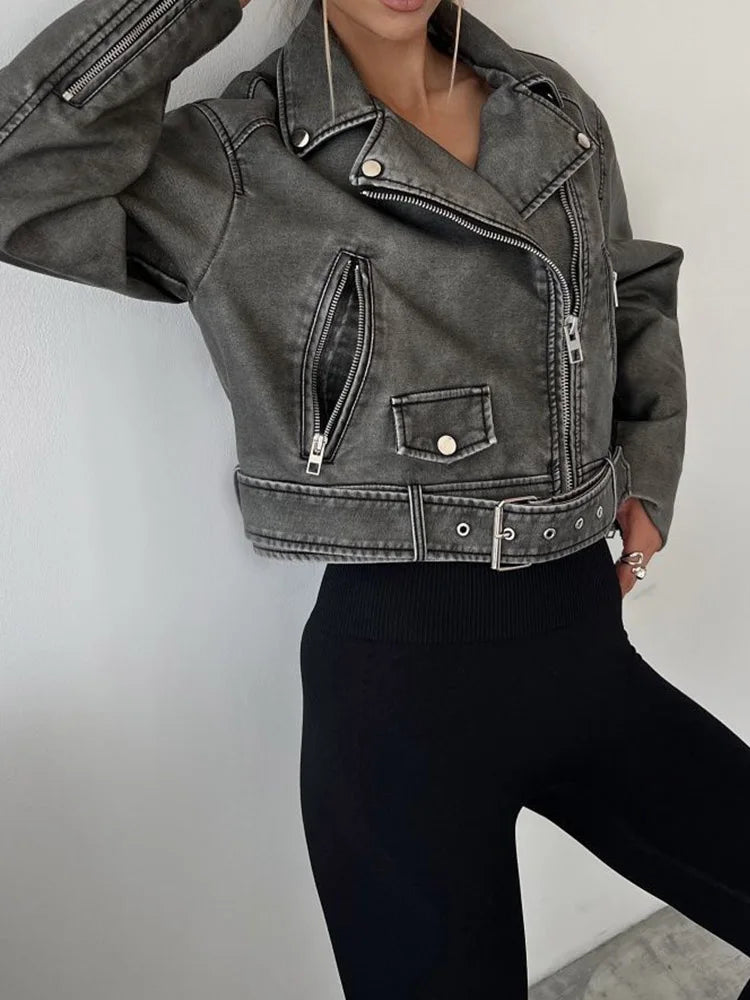 veste  rétro ample fermeture éclair en simili cuir courte Vintage avec ceinture pour femmes