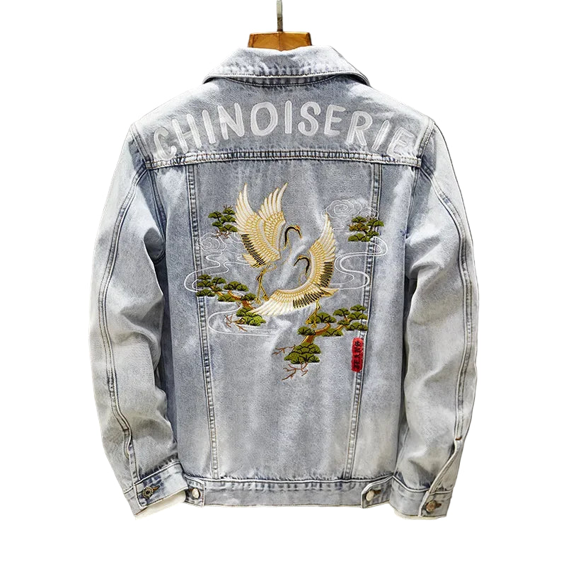 Veste en jean à motifs brodés de style chinois pour hommes