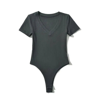 Body tricotée pour femme, manches courtes, col en V, extensible