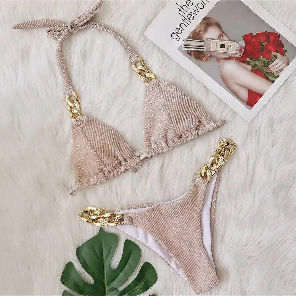 Maillot de bain sexy à licou avec diamants et bijoux pour femmes, ensemble de bikini côtelé avec chaînes en métal