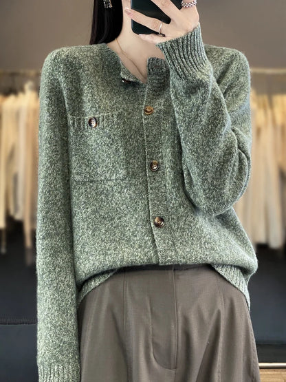 Pull cardigan en laine avec poches pour femmes, col rond, haut à manches longues