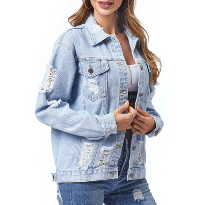 Veste en jean lavé effiloché pour femmes, manteau court