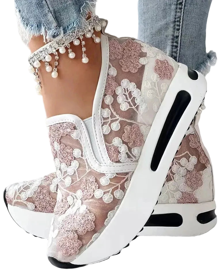 Baskets en maille respirante à plateforme plate en dentelle pour femmes