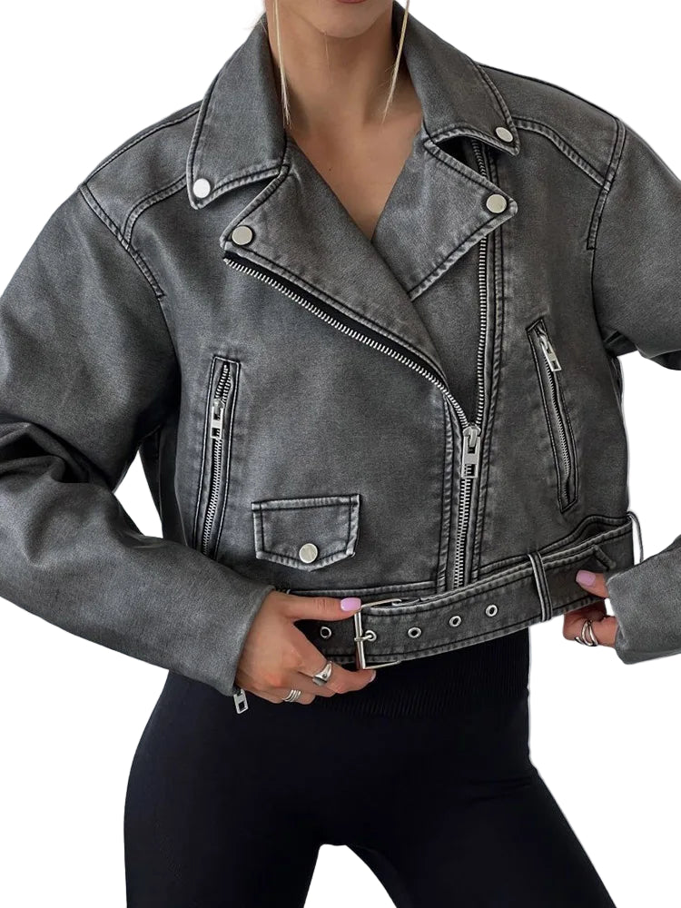 veste  rétro ample fermeture éclair en simili cuir courte Vintage avec ceinture pour femmes