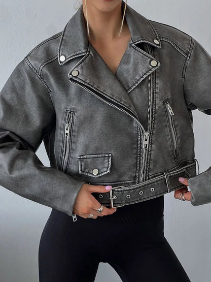 veste pour femmes rétro ample fermeture éclair en simili cuir courte Vintage avec ceinture