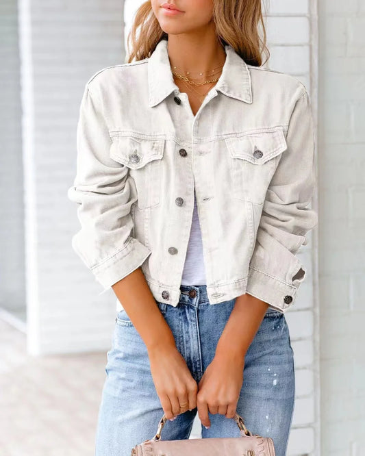 Veste en jean courte et mince à boutonnage simple, manteau à manches longues pour femmes