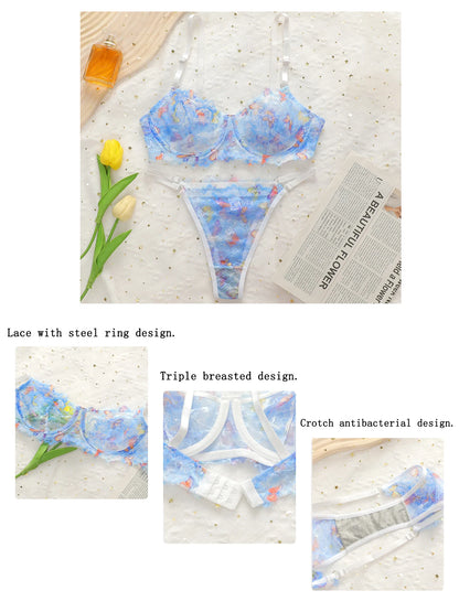 Ensemble de lingerie en dentelle imprimée papillon bleue ultra-mince pour femme