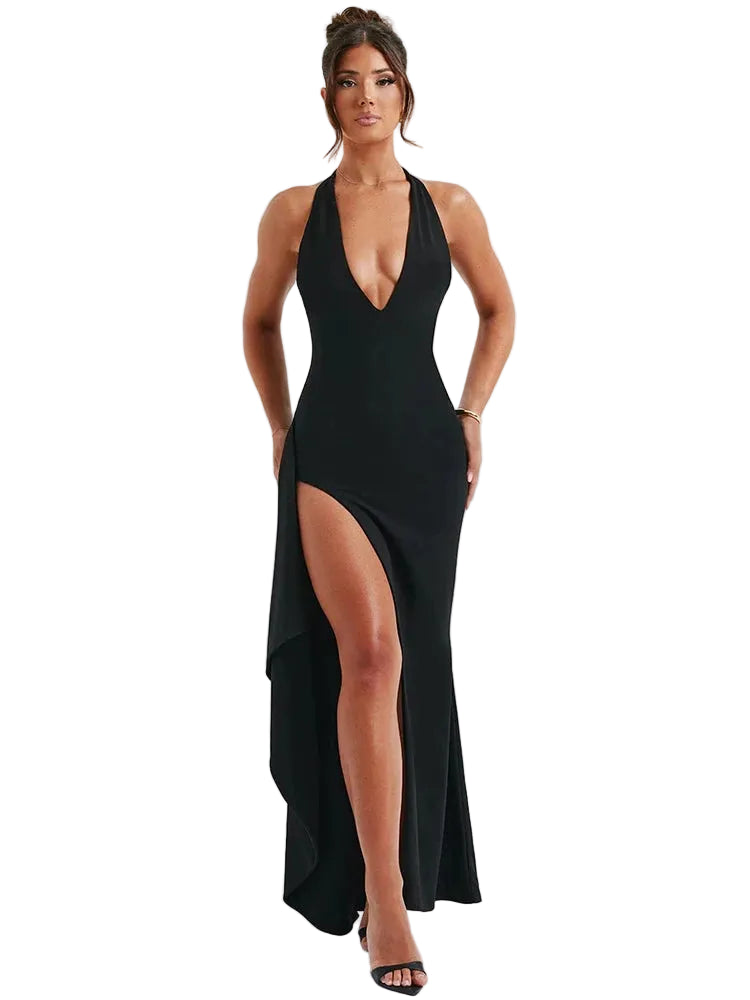 Robe à col en V profond cuisse haute pour femmes