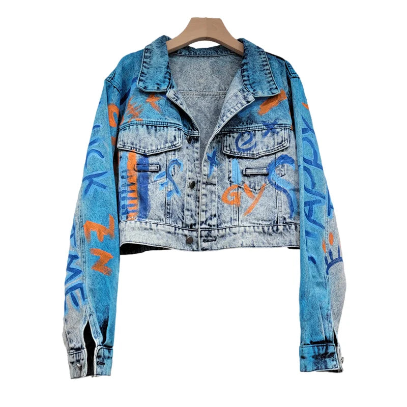 Veste en jean à imprimé graffiti pour femme