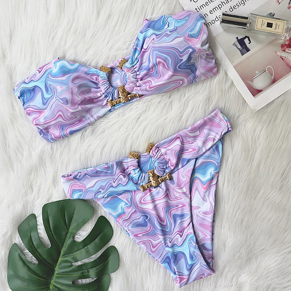 Maillot de bain pour femme deux pièces une épaule cristal diamant