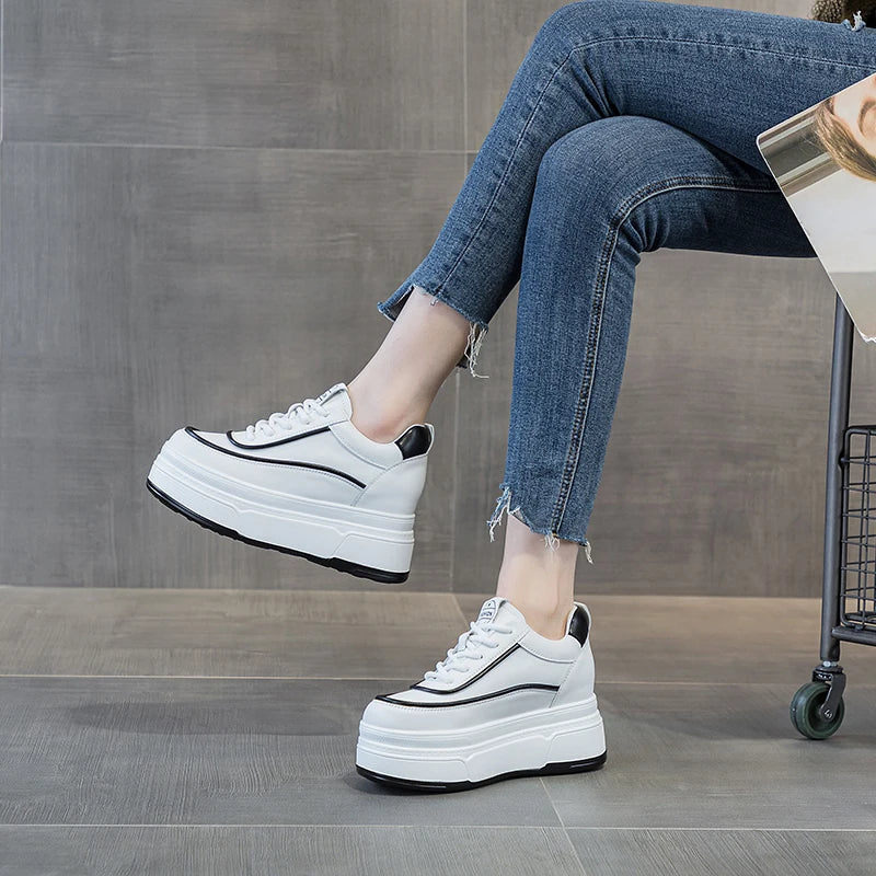 Baskets à plateforme en cuir véritable pour femmes