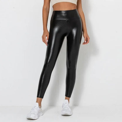 Pantalon en cuir PU noir pour femme, legging sexy froissé