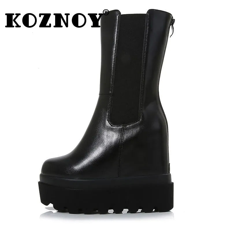 Bottes de rinçage compensées en cuir véritable pour femme, chaussures en peluche, talon GNE 12cm