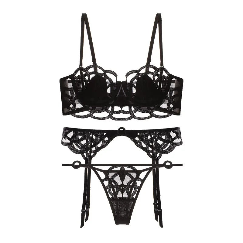 Ensemble 3 pièces soutien-gorge Push up + jarretières + string en dentelle transparent pour femmes